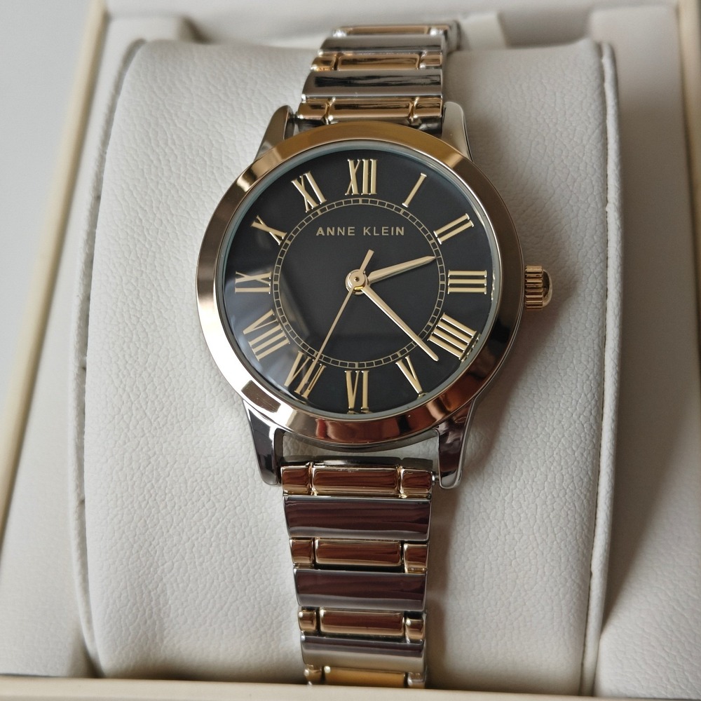 Anne‎ Klein Womens Silver Gold Wrist Watch Black Roman Numeral Dial New Tags